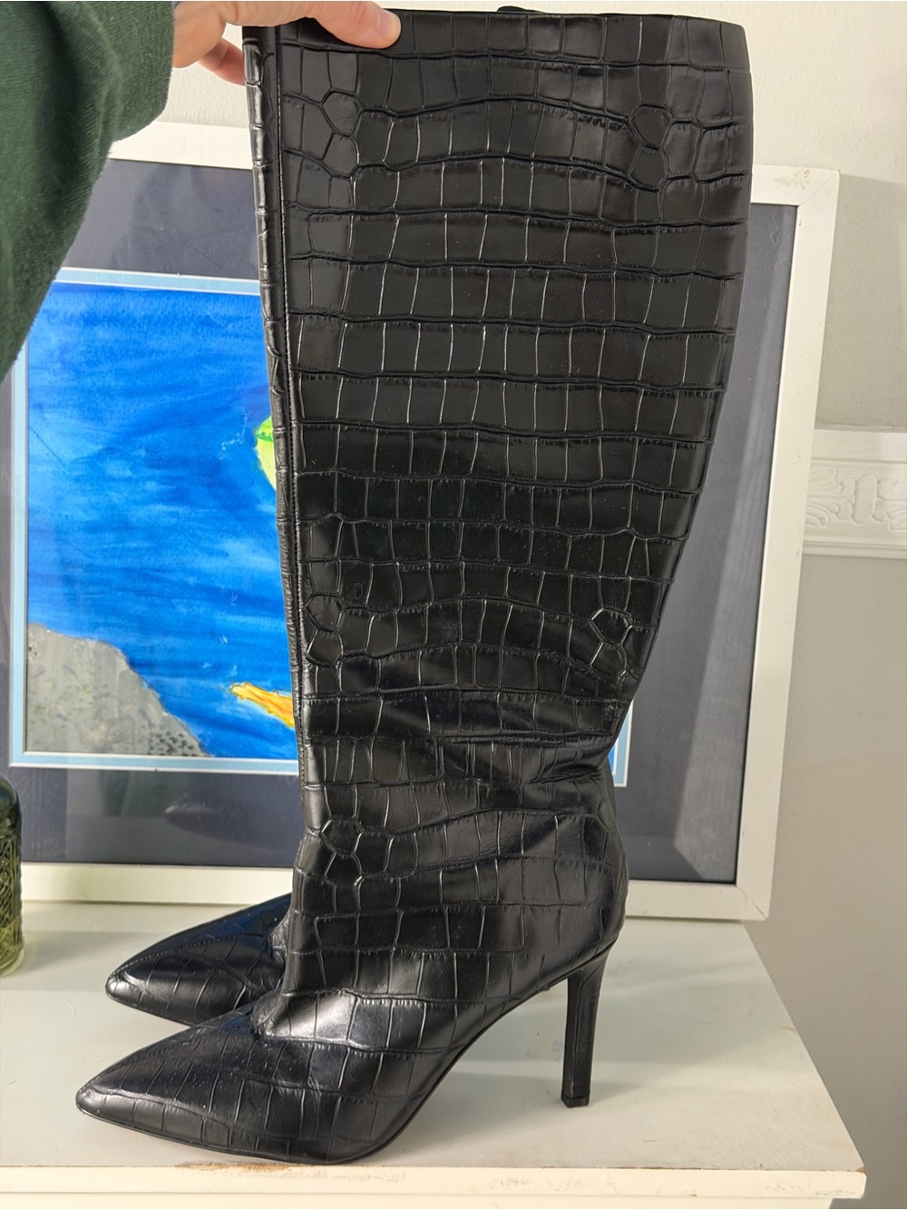 Gianni Bini Black Croc-Embossed knee high Stiletto Boots